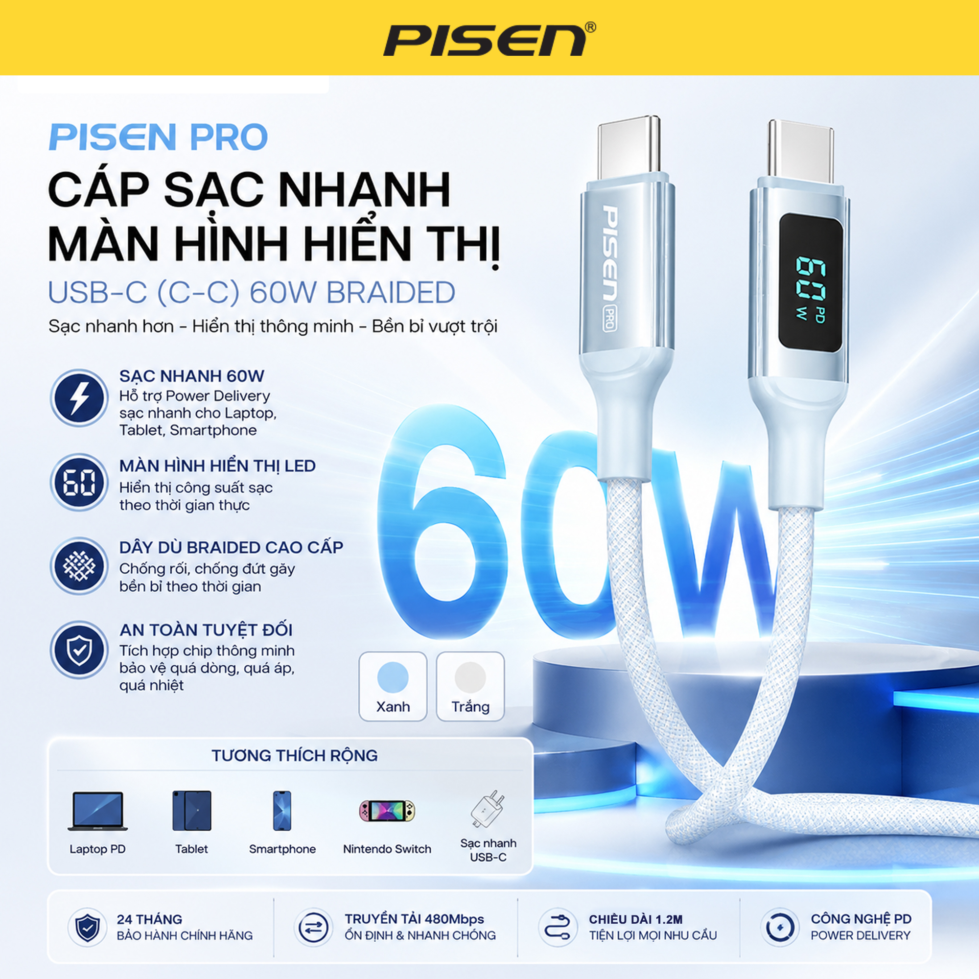 PISEN PRO Digital Display USB-C (C-C) 60W braided