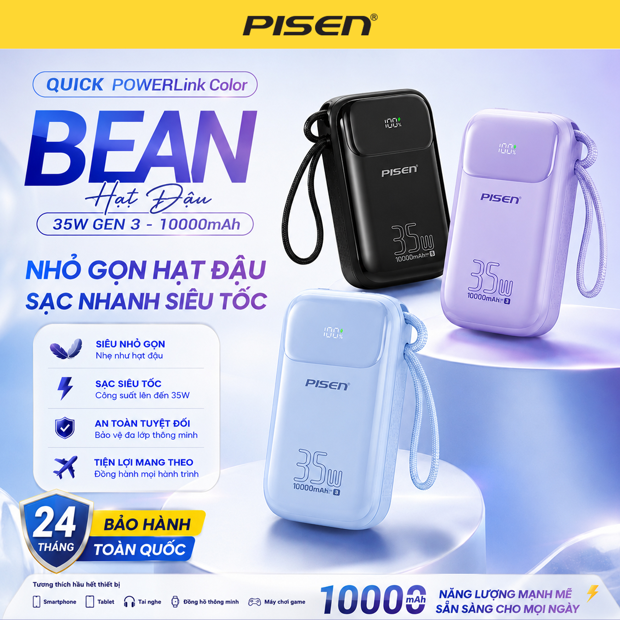PISEN QUICK POWERLink Color Bean - HẠT ĐẬU 35W GEN 3 - 10000mAh