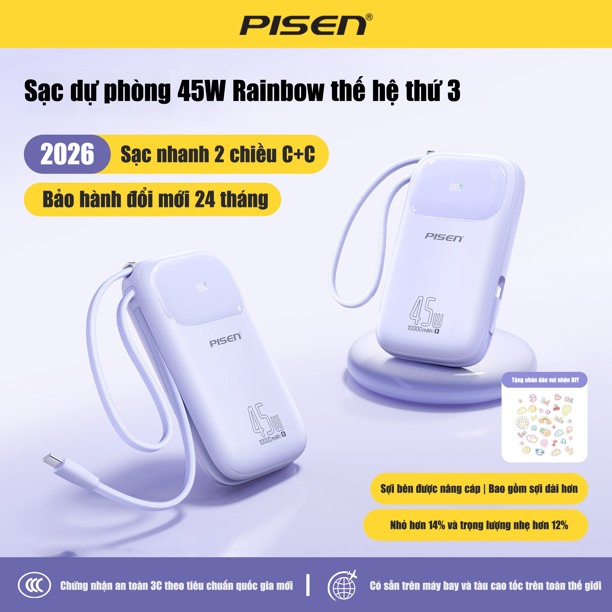 PISEN QUICK POWERLink Color Bean - HẠT ĐẬU 45W GEN 3 - 20000mAh