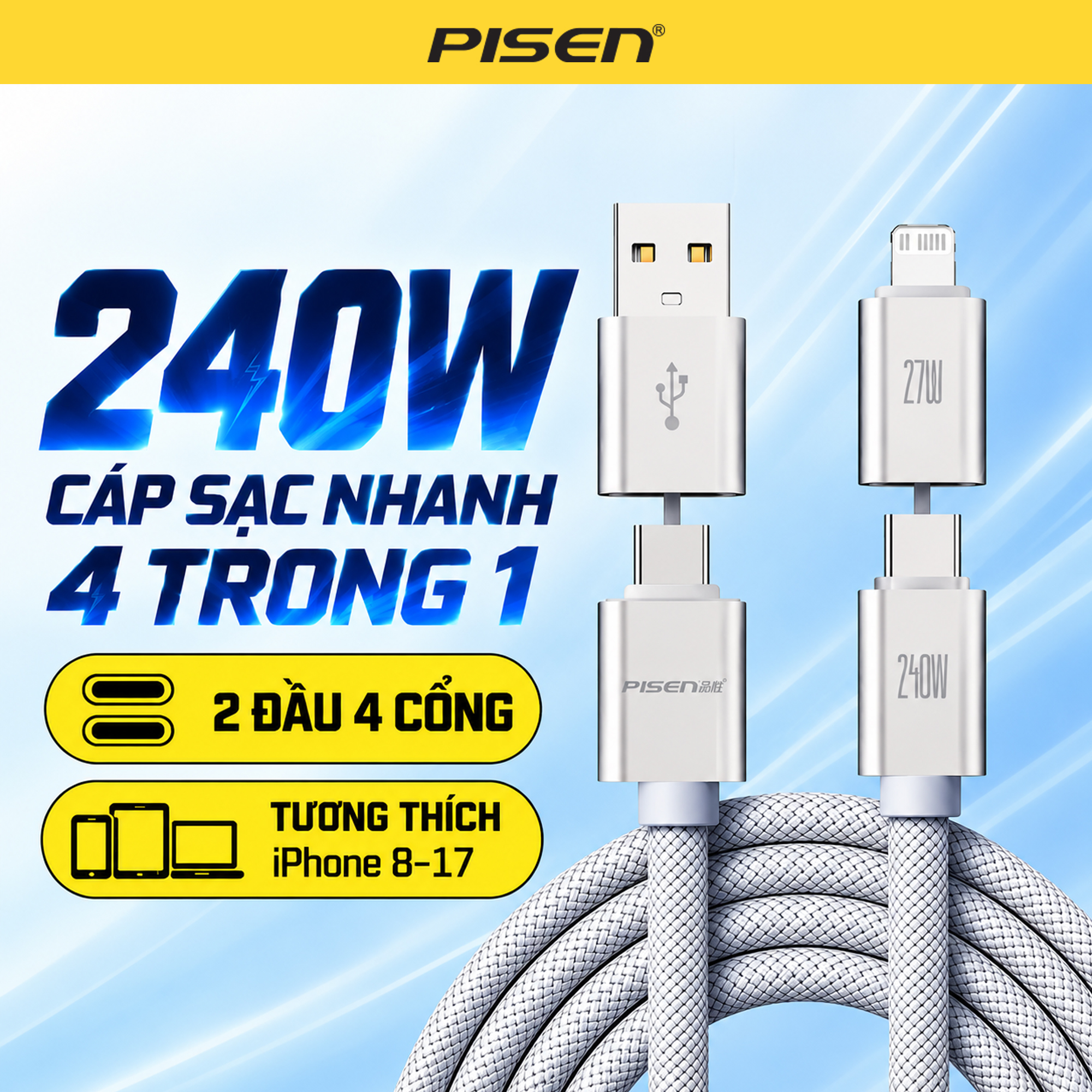PISEN PRO Vivid 4-in-1 240W Fast Charging Braided 1.2m