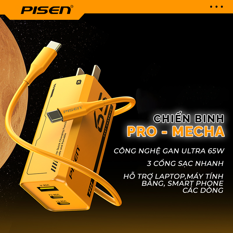 Sạc nhanh Laptop 3 cổng PISEN Pro - Mecha GaNUltra 65W  2C1A (Dual Type-C )Yellow